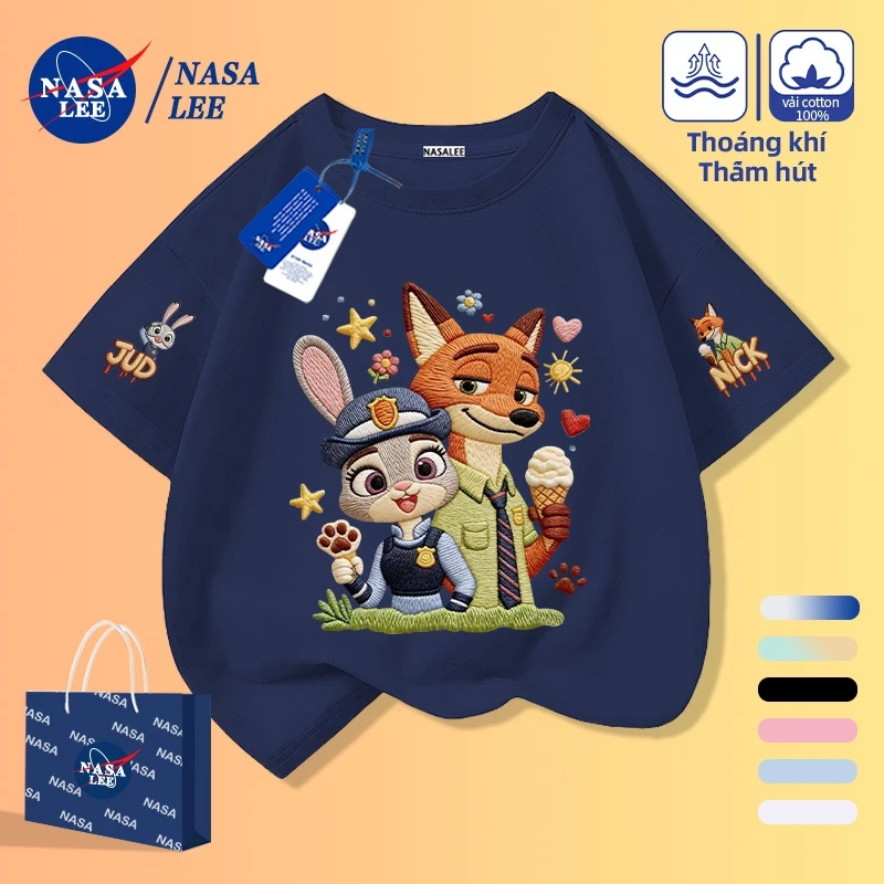 [Giao hàng trong ngày] Áo thun Cotton màu xanh hải quân cho trẻ em Phim hoạt hình cáo và thỏ in hình vui nhộn mùa hè Quần áo thoáng khí ngắn tay Thích hợp cho bé trai 3-16 bé gái