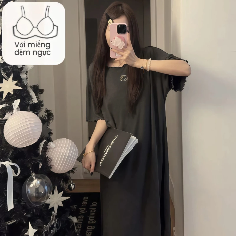 【HOT】Váy Ngủ Có Đệm Ngực - Váy Cộc Tay Ngắn Chất Liệu Modal Mát Lạnh, Màu Xám Form Rộng Dáng Dài Trung Bình, Mặc Như Áo Thun Thoải Mái