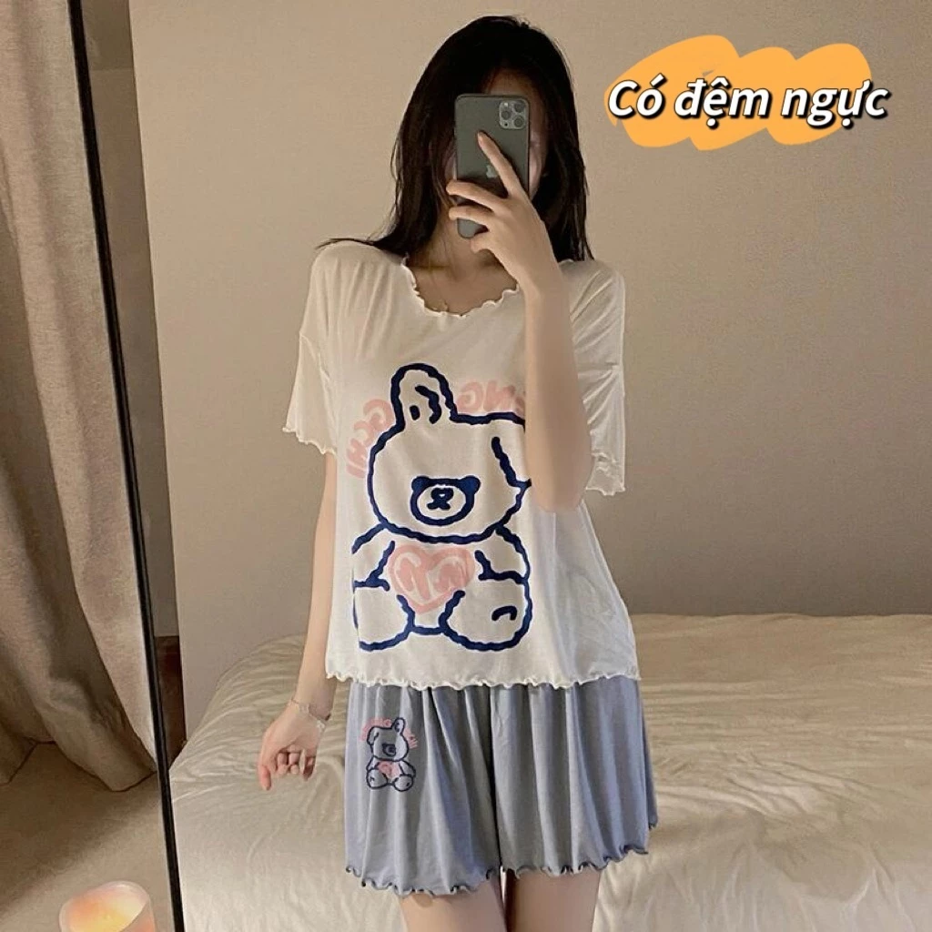 【Cotton nguyên chất có miếng lót ngực】Bộ đồ ngủ nữ mùa hè tay ngắn quần short, phong cách cá tính, rộng rãi thoáng mát – Đồ mặc nhà mát mẻ dễ chịu