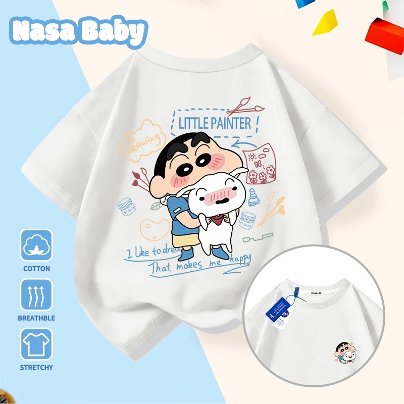 Áo thun ngắn tay NASA Shin-Chan in hình, Cotton thoáng mát, bé trai bé gái mặc được