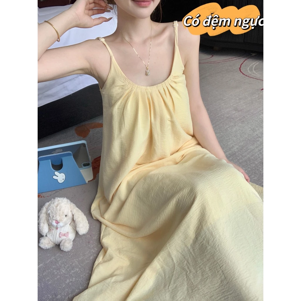 Áo ngủ dài tay dây mặc ở nhà cho nữ, chất liệu cotton nguyên chất có đệm ngực, phong cách ngọt ngào gợi cảm mùa hè