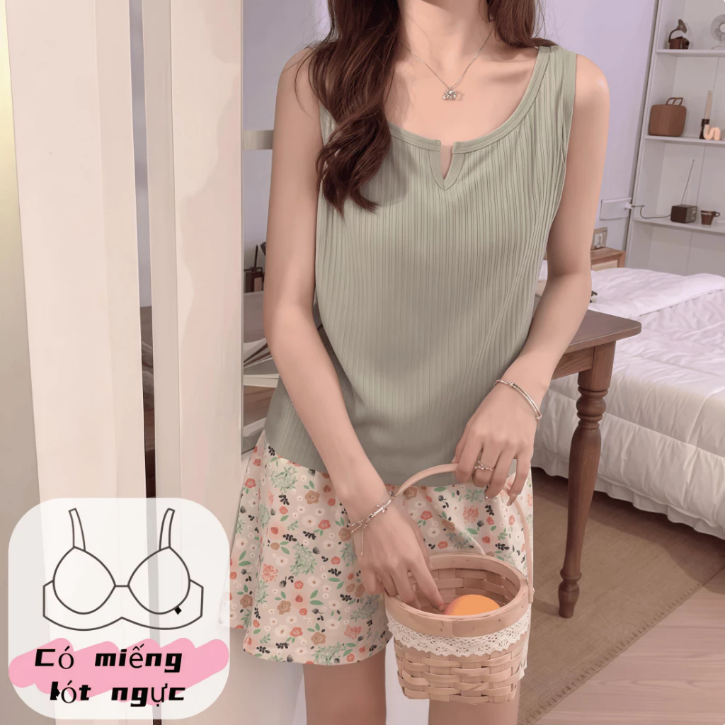 【Có đệm ngực】ồ mặc nhà nữ mới mùa hè – Áo dây lụa mát + quần đùi – Không tay – Màu trơn đơn giản – Mặc nhà hay ra đường đều đẹp – Thoải mái cả ngày