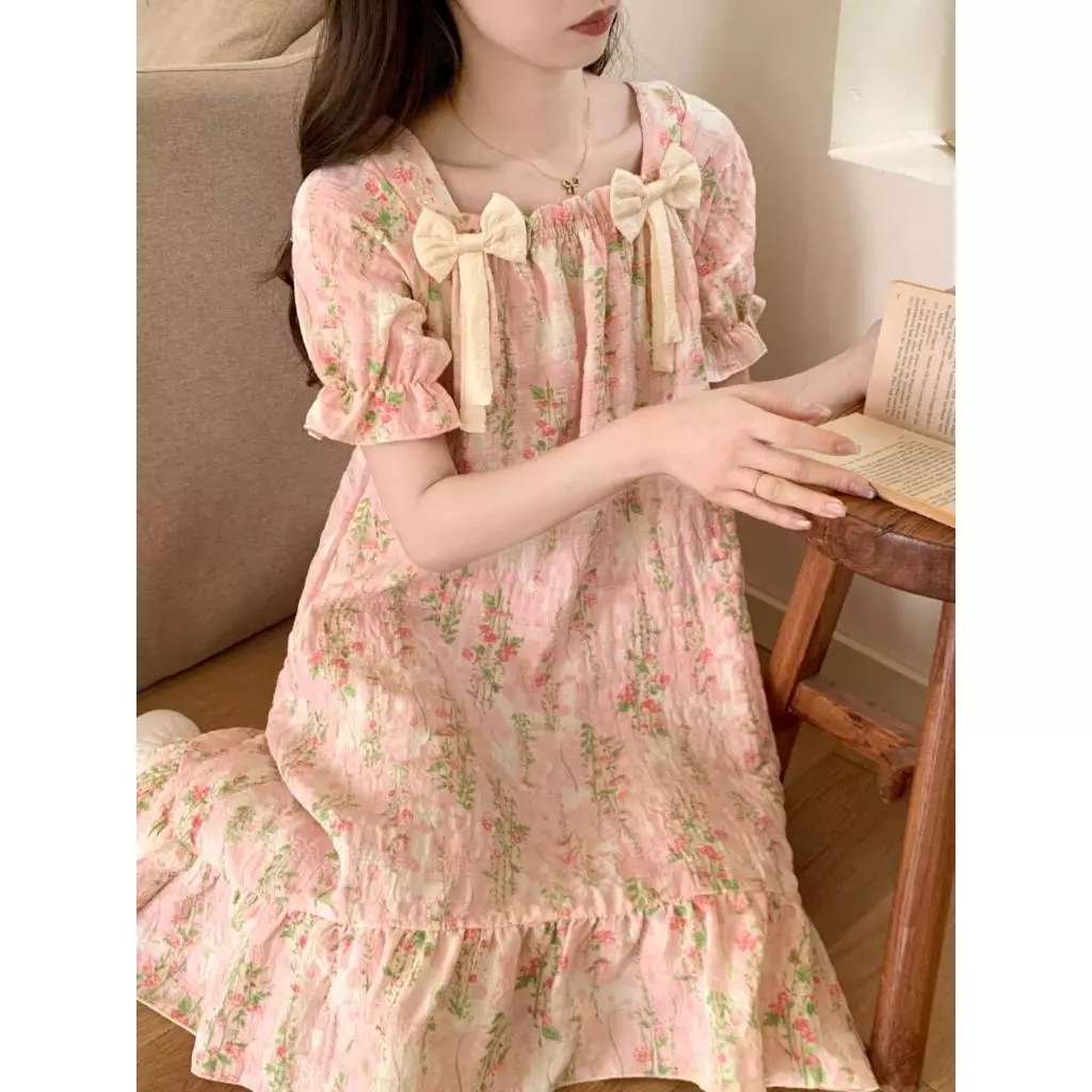 【Bông 100%】Đầm ngủ dáng dài mùa hè mỏng nhẹ – Cổ vuông – Nơ xinh – Ngọt ngào dễ thương – Phong cách thiếu nữ – Đồ ngủ & đồ mặc nhà cho nữ
