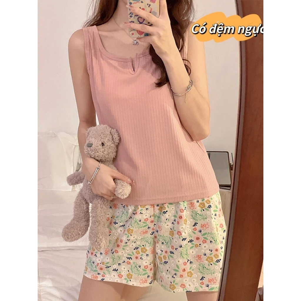 【Cúp ngực liền】Bộ đồ ngủ mùa hè mỏng nhẹ – Chất liệu cotton phối sợi mát lạnh – Áo không tay + quần đùi – Họa tiết hoa thời trang – Mặc ở nhà thoải mái, dễ chịu