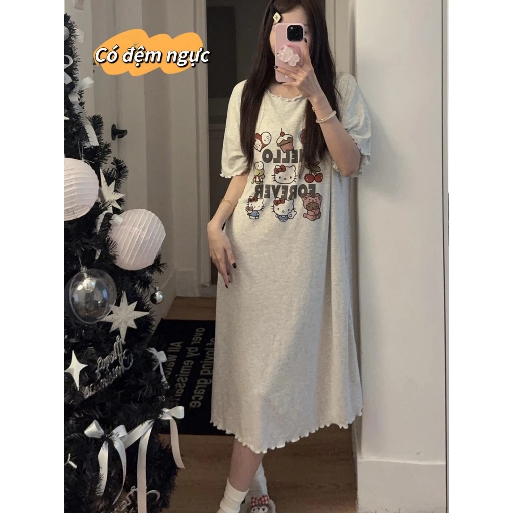 【Có miếng ngực】Váy ngủ dài mùa hè - Dáng rộng thoải mái, chất vải mỏng nhẹ - In họa tiết hoạt hình dễ thương - Đồ mặc nhà cho nữ, thoải mái, đáng yêu