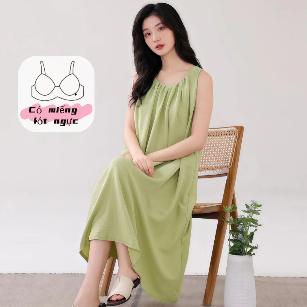 【Đồ ngủ cao cấp cotton có đệm ngực】Váy ngủ nữ dáng dài không tay màu trơn - Phong cách tối giản, thời thượng dành cho nữ văn phòng