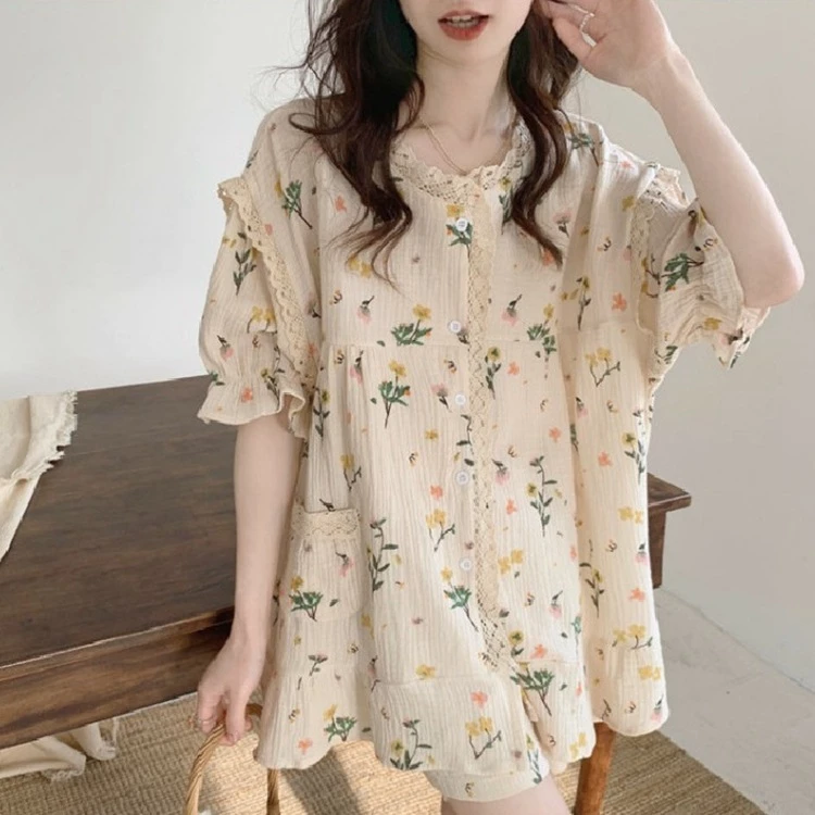 Bộ đồ ngủ ngắn tay in hoa mùa xuân hè dành cho nữ, cổ tròn, viền ren, lót Cotton, phong cách nông thôn dáng rộng Nhà có thể đeo được,đồ bộ nữ đồ mặc nhà
