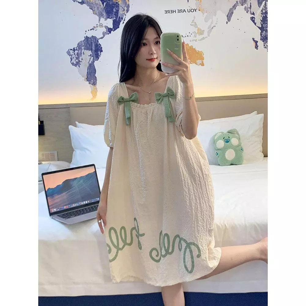 【Bông – Mỏng mát】Đầm ngủ dài mùa hè – Cổ vuông – Tay bồng – Phong cách công chúa dễ thương – Đồ mặc nhà/ đồ ngủ nữ