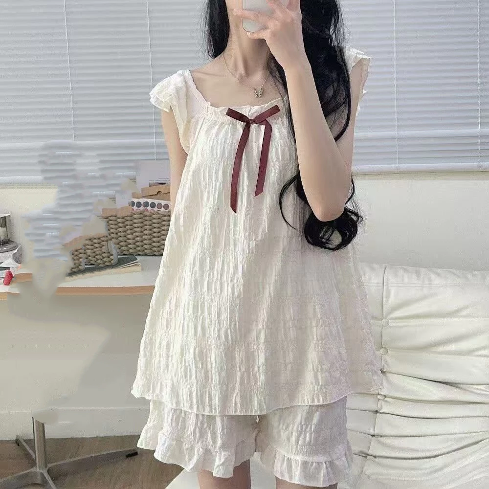 Đồ ngủ dễ thương,Bộ bé gái phong cách ngọt ngào màu tím nhạt, nơ tay pijama, đồ ngủ công chúa, bộ đồ mặc nhà thoải mái có đệm ngực