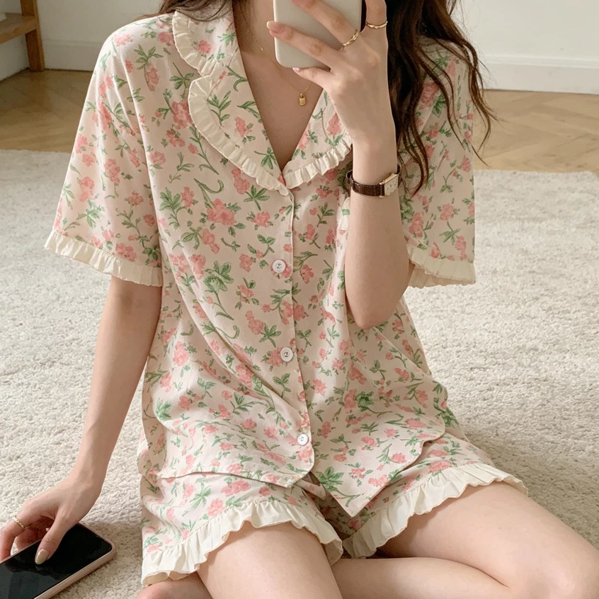 Ngắn tay hoa bộ ngủ nữ mùa hè, bầu không khí nông thôn dịu dàng và tươi mát, kết cấu cotton và vải lanh, thiết kế viền lá sen ngọt ngào pijama, thích hợp để chụp ảnh