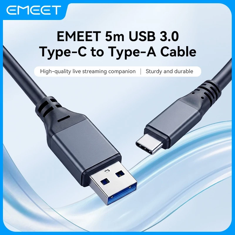 Cáp EMEET 5m USB 3.0 Type-C sang Type-A, Vỏ nhựa PVC bền, Chống uốn cong, Tín hiệu ổn định, Có không gian rộng để phát trực tiếp