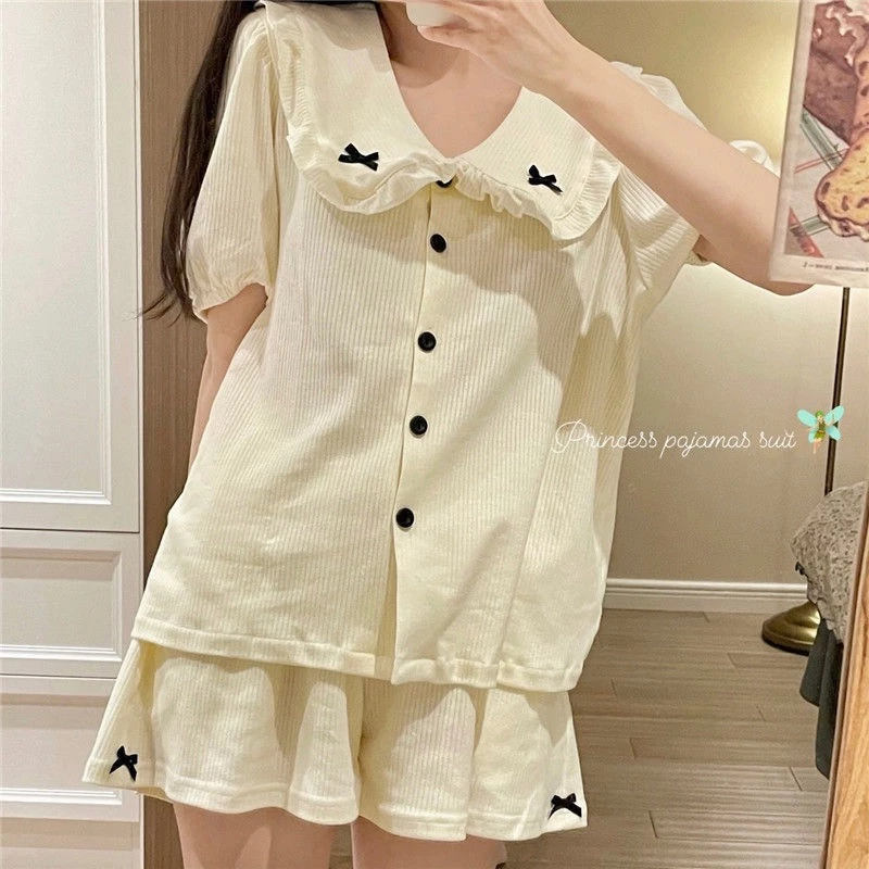 Đồ ngủ dễ thương，Bộ đồ liền quần ngắn tay cổ vàng sữa cho bé, đồ ngủ ngọt ngào cho bé gái, cà vạt nơ đen, phong cách đại học Hàn Quốc pijama