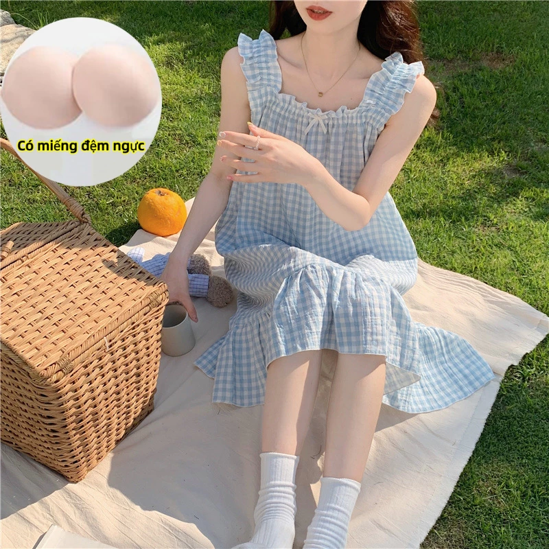 Váy ngủ yếm kẻ sọc xanh trắng ngọt ngào và dễ thương, giảm béo, viền lá nấm và sen, phong cách Nhật Bản, trang phục nhà mùa hè sảng khoái