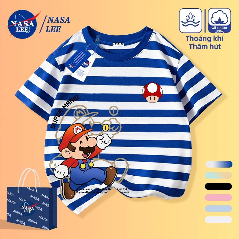 [Giao hàng trong ngày] Áo thun Cotton nguyên chất sọc trắng xanh cho trẻ em Áo thun Cotton thoáng khí không khí hoạt hình hình hình nấm Pipeworker Họa tiết 3-16 tuổi Áo sơ mi ngắn tay dáng rộng thông thường