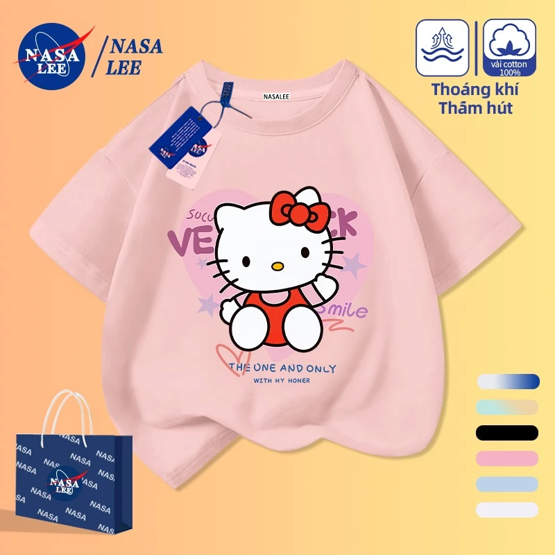 [Giao hàng trong ngày] Áo thun ngắn tay màu hồng cho trẻ em Cotton nguyên chất thoáng khí thoải mái Quần áo bé trai bé gái Hoạt hình Thời trang dễ thương Họa tiết Hello Kitty in hình