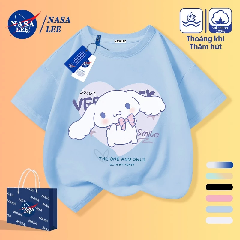 [Giao hàng trong ngày] Áo thun ngắn tay màu xanh nhạt cho trẻ em Cotton nguyên chất thoáng khí thoải mái Quần áo bé trai bé gái Hoạt hình Thời trang dễ thương Họa tiết chó lớn in ngắn-