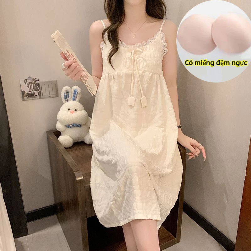 Váy ngủ nữ hai vai, thiết kế thanh lịch với nơ ren, phong cách đáng yêu, thoải mái như cotton, phù hợp mùa hè