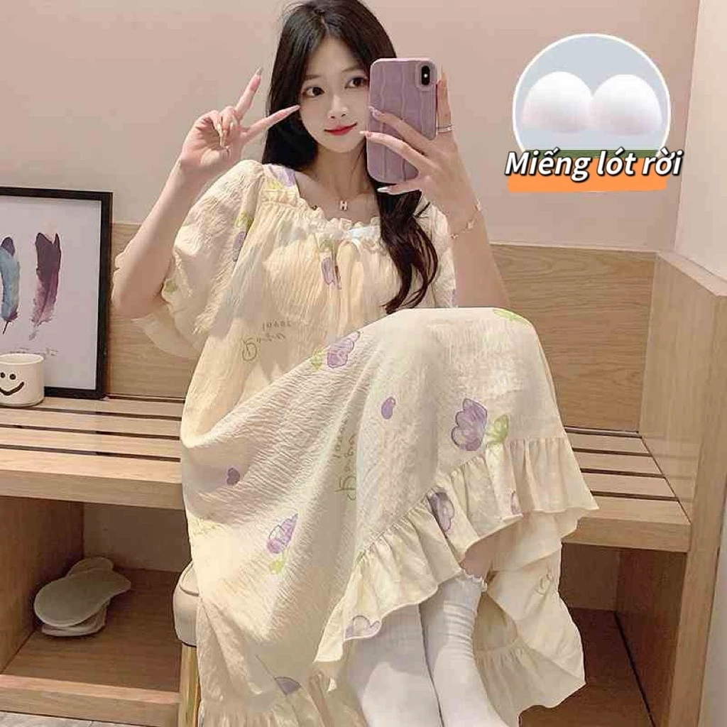 【Miếng độn có thể tháo rời】Váy ngủ dáng dài mùa hè vải cotton 100%, cổ vuông bèo nhún công chúa ngọt ngào, viền ren xinh xắn – Đồ mặc nhà phong cách nữ sinh