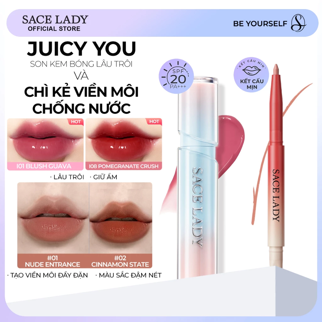 Son Tint Son bóng lâu trôi SACE LADY 1.2ml kèm Combo Son lót môi tiện lợi
