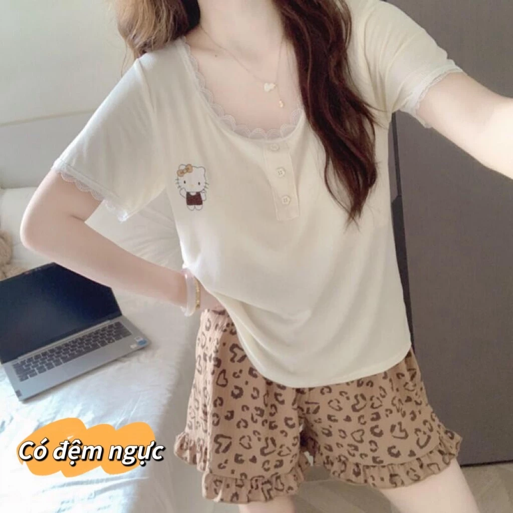 【Áo ngực liền áo】Set đồ ngủ mùa hè ngắn tay + quần đùi, viền ren cá tính họa tiết báo đốm, phong cách ngọt ngào thời thượng - thích hợp mặc ở nhà