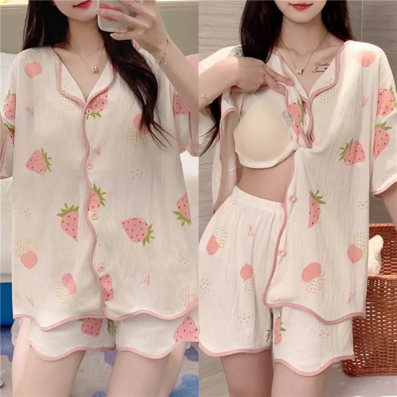 【BÁN CHẠY – CÓ MIẾNG ĐỘN NGỰC】Bộ đồ ngủ mùa hè cao cấp – Áo thun tay ngắn quần short – Đánh giá tốt, thoáng mát, dễ chịu