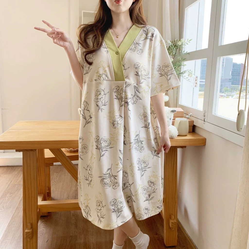Váy ngủ bầu tay ngắn mùa hè chất cotton mỏng, kiểu rộng thoải mái