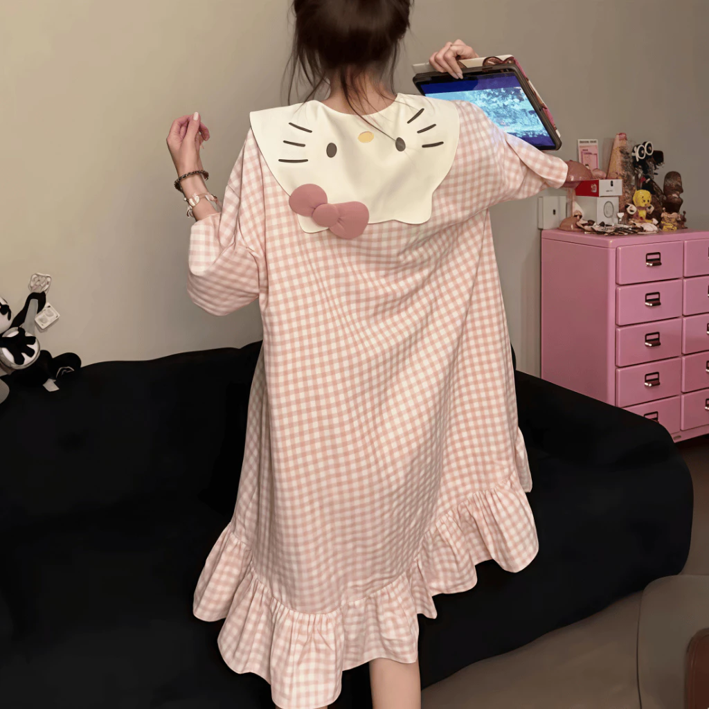 Váy ngủ nữ Kitty ca rô hồng, phong cách Nhật, thoáng mát, cổ bèo, mặc nhà hoặc mặc ngoài đẹp.