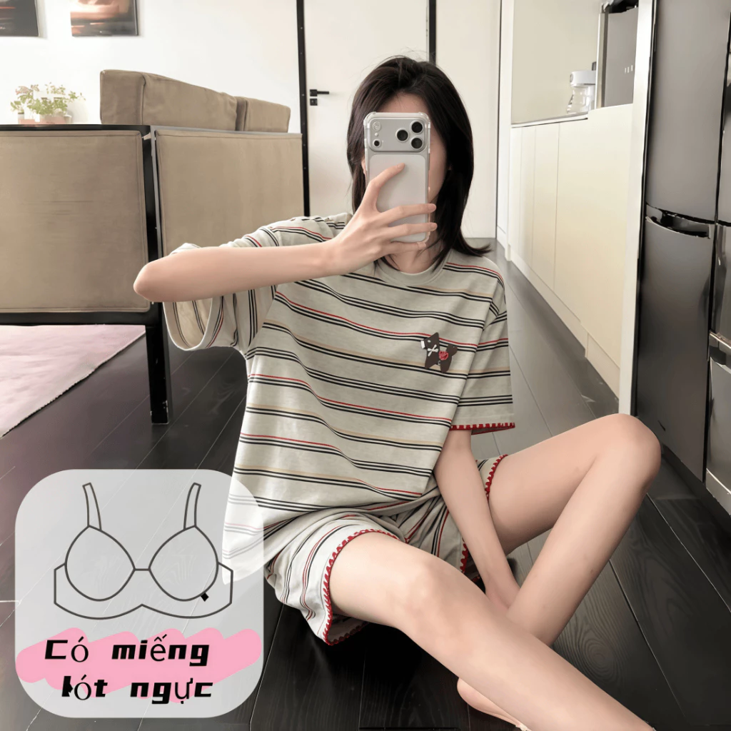 【có miếng ngực】Áo ngủ nữ mùa hè mới 2026, dễ thương, tay ngắn quần đùi, rộng rãi, mặc ở nhà hoặc đi chơi ngoài được, có miếng ngực, họa tiết hoạt hình