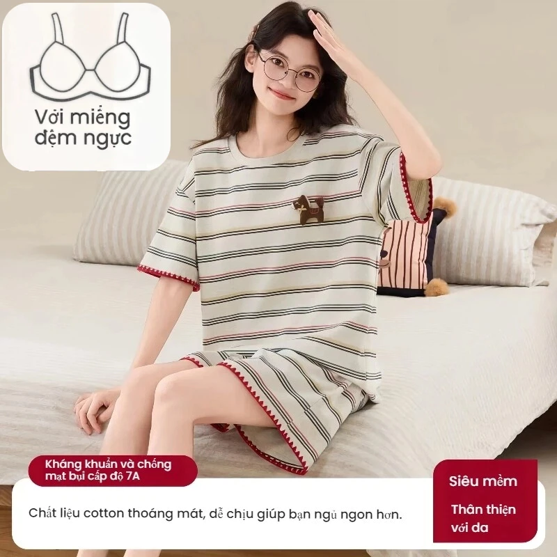 Bộ đồ ngủ nữ có đệm ngực - Họa tiết kẻ sọc ngựa con dễ thương, phong cách lười biếng - Áo tay ngắn rộng rãi - 2in1 mặc nhà hay đi chơi đều đẹp