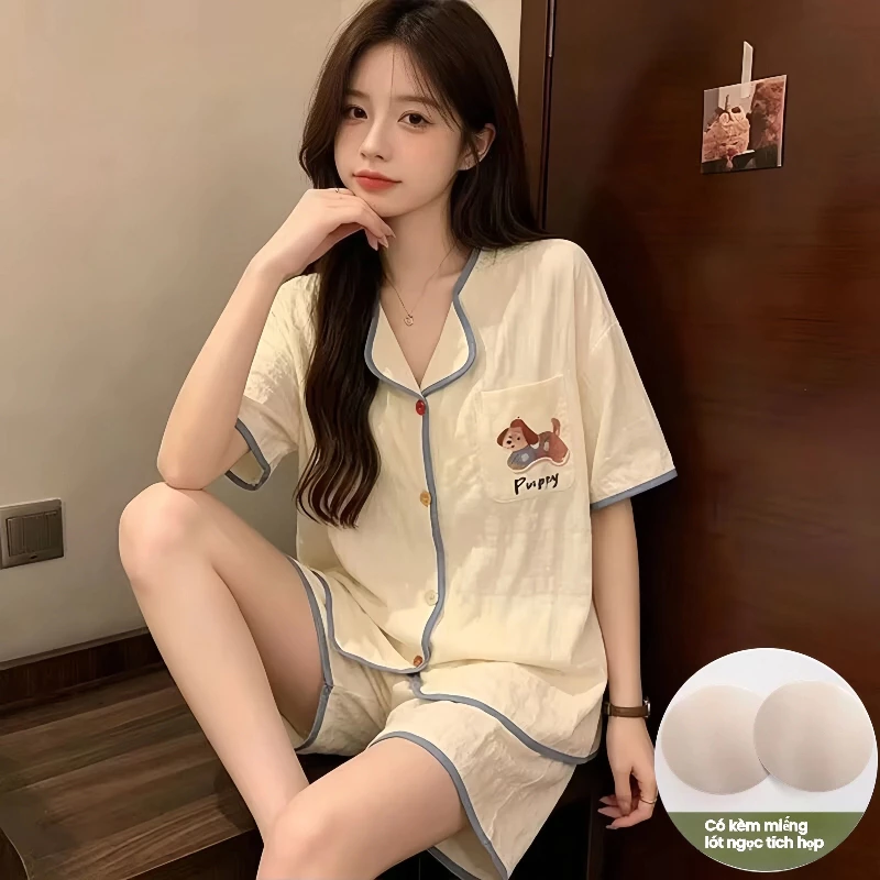 Bộ đồ ngủ nữ cotton mây có đệm ngực - Áo cài nút tay ngắn quần short, dáng rộng ngọt ngào - Đồ mặc nhà thoải mái mát mẻ