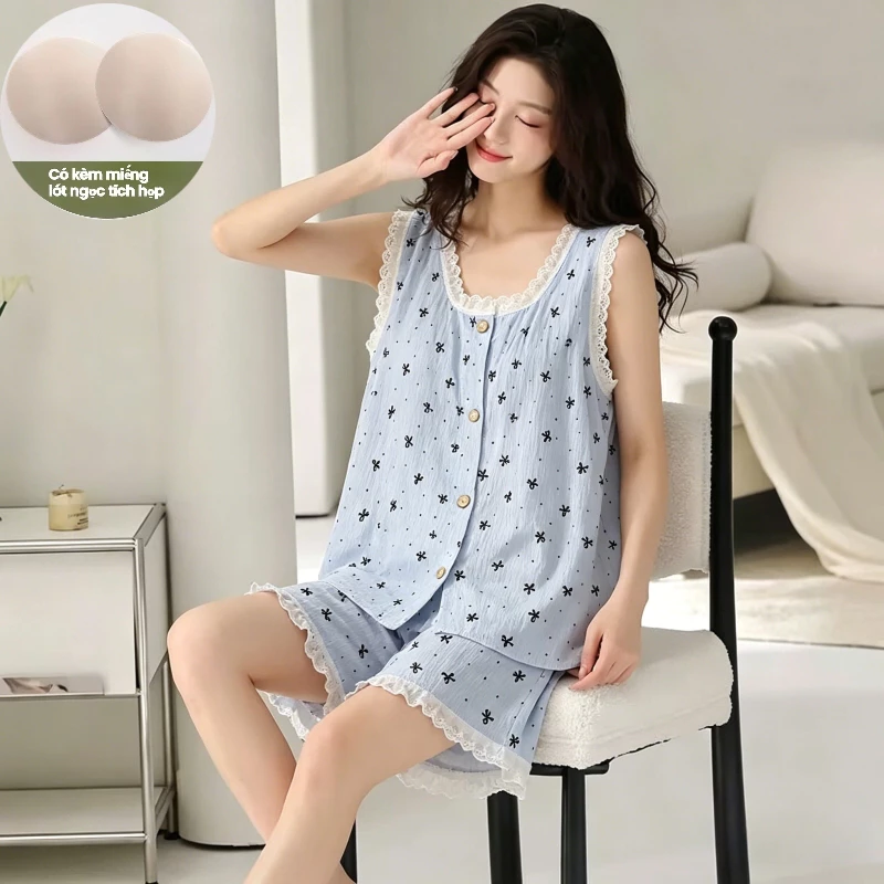 【Mã giảm giá-MI3PF738】Bộ đồ ngủ nữ dạng áo ba lỗ có đệm ngực - Màu xanh nơ xinh, dáng rộng ngọt ngào - Thời trang mặc nhà hay đi chơi đều đẹp