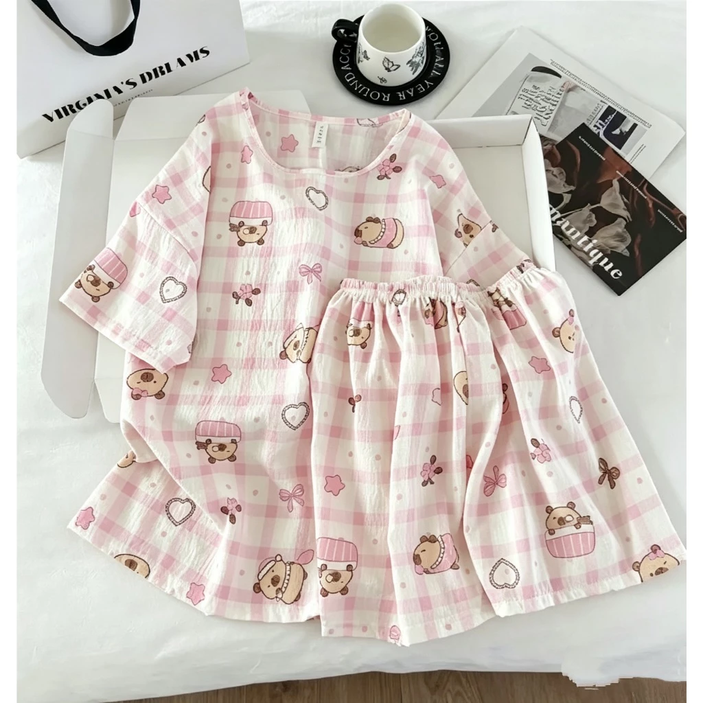 【Hàng cotton khuyến mãi】Bộ đồ ngủ nữ hè ngắn tay quần short cổ tròn - Dáng rộng thoải mái, thời trang đơn giản