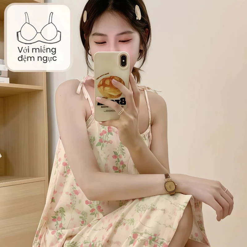 【Mới 2026】Váy Ngủ 2 Dây Có Đệm Ngực Mỏng Nhẹ - Quai Có Thể Điều Chỉnh, Phong Cách Nhật Ngọt Ngào, Dáng Đầm Thoáng Mát Cho Nữ Sinh