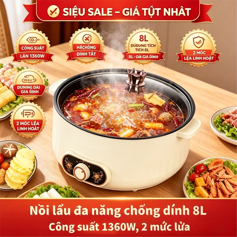 Nồi lẩu điện đa năng 8L chống dính – nấu lẩu, xào, kho, hầm đều ngon, dễ vệ sinh