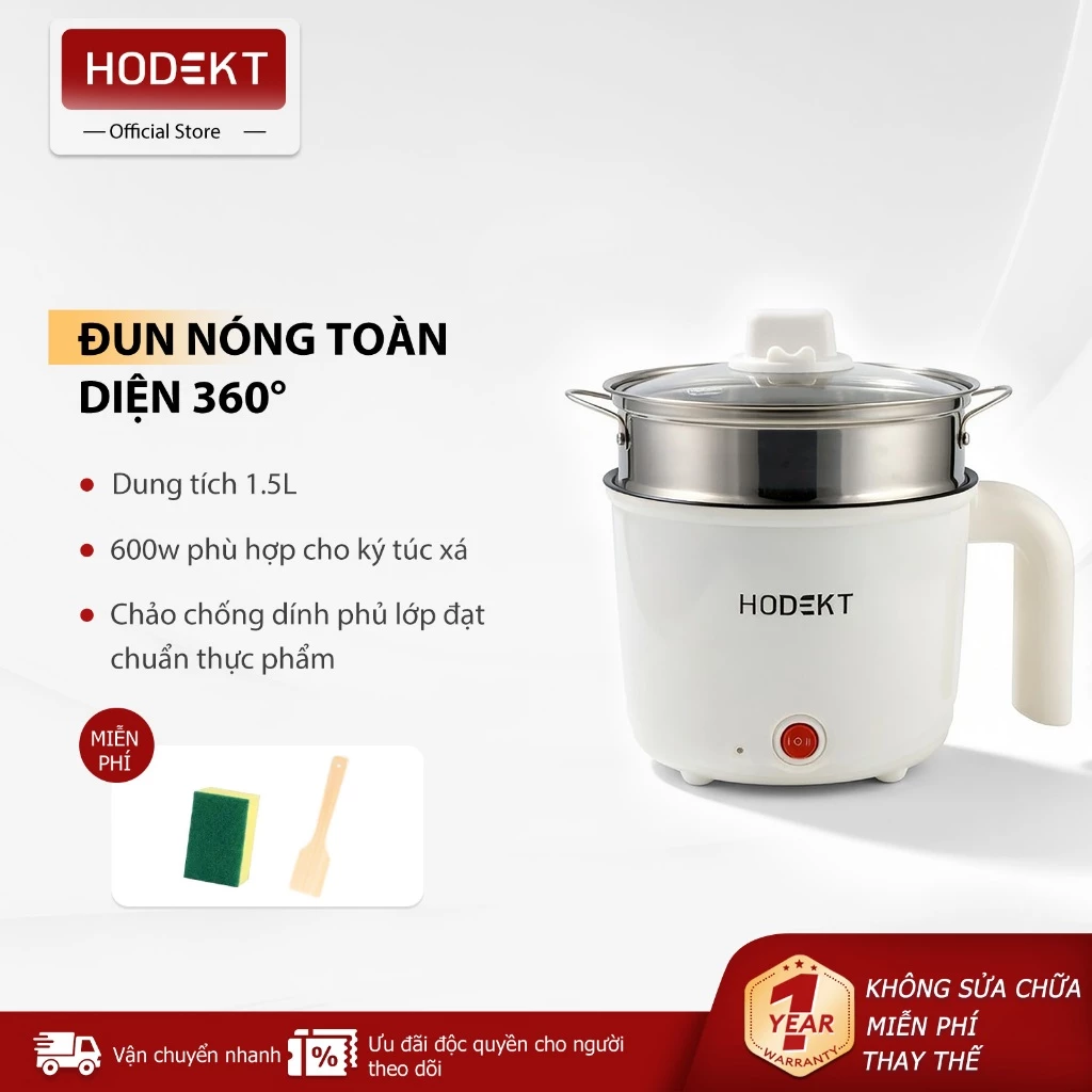 Nồi Điện Mini Đa Năng HODEKT 1.5L 600W Xửng Hấp 304 2 Mức Lửa Dùng Ký Túc Xá