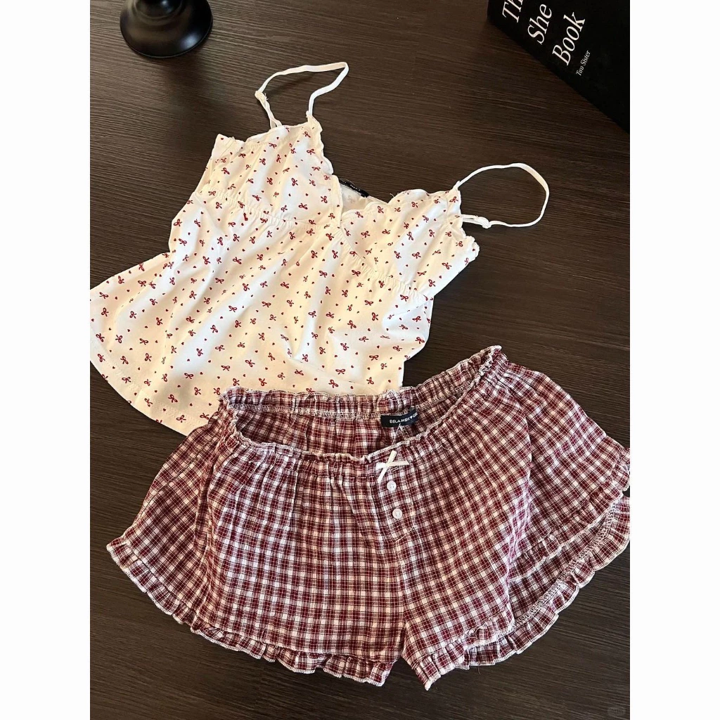 Sweet Love Nơ In Hình Đồ Ngủ Nữ Quần Short Ca Rô Có Bộ Thảm Ngực