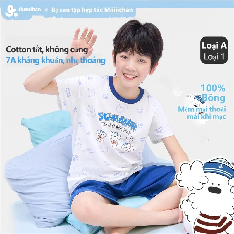 Jiusuiban Bộ Đồ Ngủ Bé Trai Mùa Hè Trẻ Em Phong Cách Mỏng Homewear Vừa Lớn Trẻ Em Điều Hòa Không Khí Quần Áo Mới Quần Ngắn Tay Phù Hợp Với