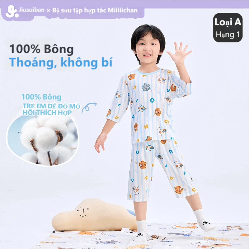 Jiusuiban Bé Trai Homewear Phù Hợp Với Mùa Hè Mỏng Phong Cách Trung Nhỏ Trẻ Em Ba Phần Tư Tay Áo Crop Quần Hoạt Hình Bộ Đồ Ngủ Phong Cách Mới