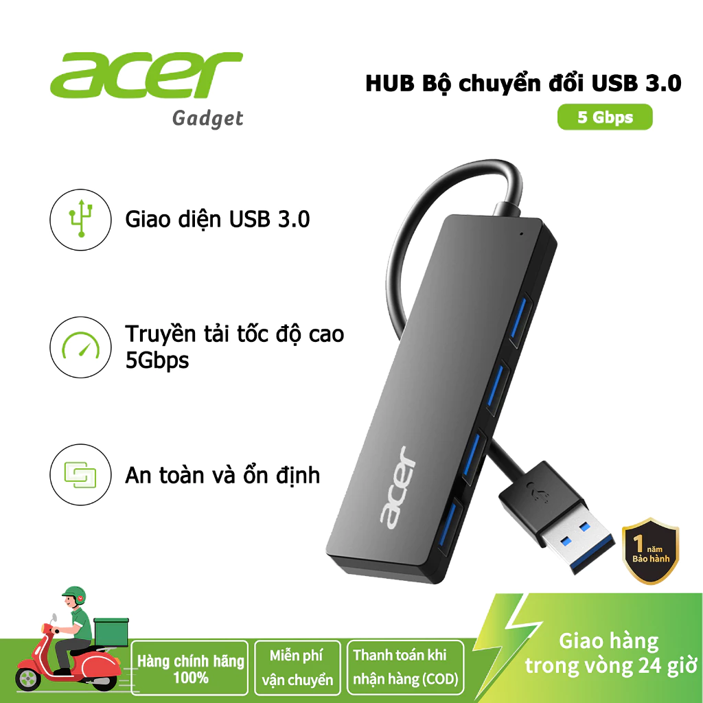 Acer Hub chuyển đổi USB 3.0 2.0 Truyền tải nhanh chóng 4 trong 1 4 cổng dữ liệu USB-A 5Gbps thích hợp cho laptop Macbook Máy tính xách tay Chuột Bàn phím và các thiết bị khác UH401