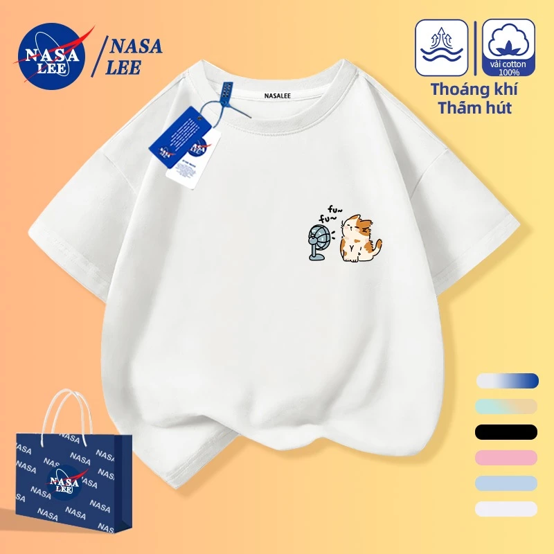 [Giao hàng trong ngày] Áo thun Cotton nguyên chất màu trắng thoáng khí cho trẻ em Quạt hoạt hình Mèo con Họa tiết dễ thương 3-16 tuổi Áo sơ mi ngắn tay dáng rộng thông thường