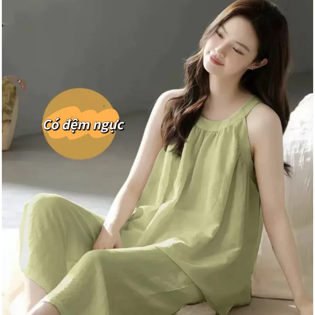 【Bông có đệm ngực】Bộ đồ ngủ mùa hè gồm áo không tay + quần dài 7 phân – Màu đơn sắc, phong cách thanh lịch nhã nhặn. Đồ mặc nhà.