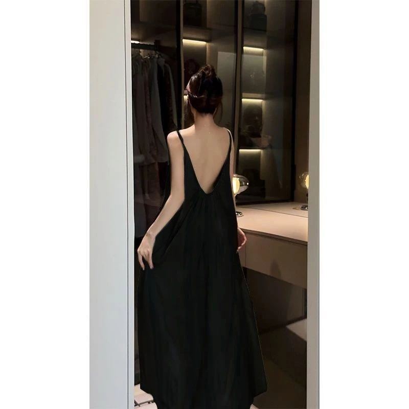 Váy ngủ treo màu đen thanh lịch kiểu Pháp dành cho nữ mỏng và gợi cảm có đệm ngực để mặc ở nhà