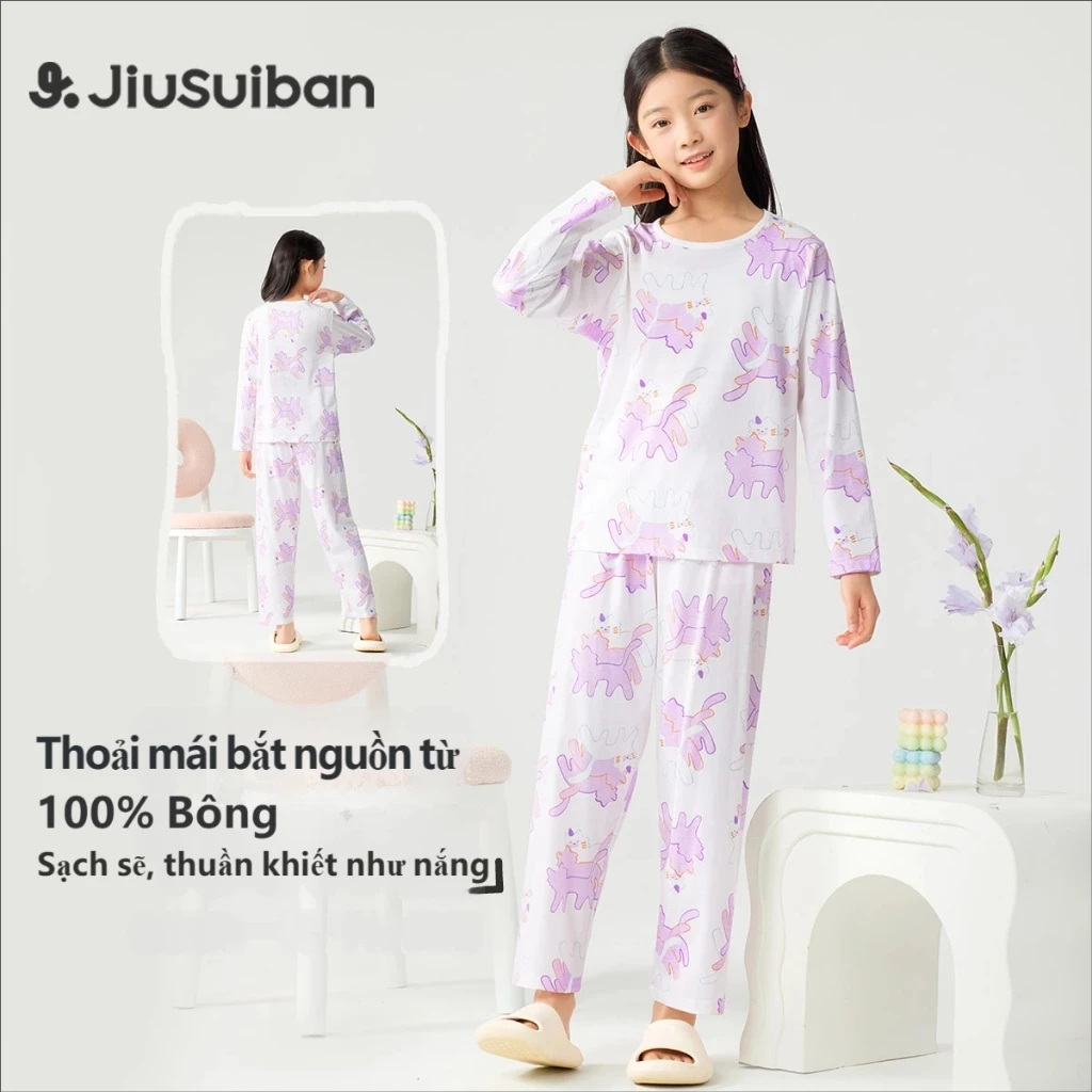 Bộ đồ ngủ trẻ em Jiusuiban Bộ đồ ngủ dài tay cho bé gái Cotton hữu cơ Thoải mái mềm mại thoáng khí 7A Bộ đồ ngủ trẻ em cao cấp kháng khuẩn