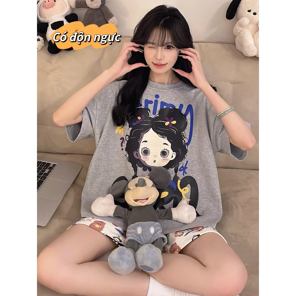 【Cotton nguyên chất có miếng lót ngực】Bộ đồ ngủ mùa hè mỏng nhẹ, rộng rãi, dễ thương dành cho học sinh/nữ sinh - In hình hoạt hình thời trang