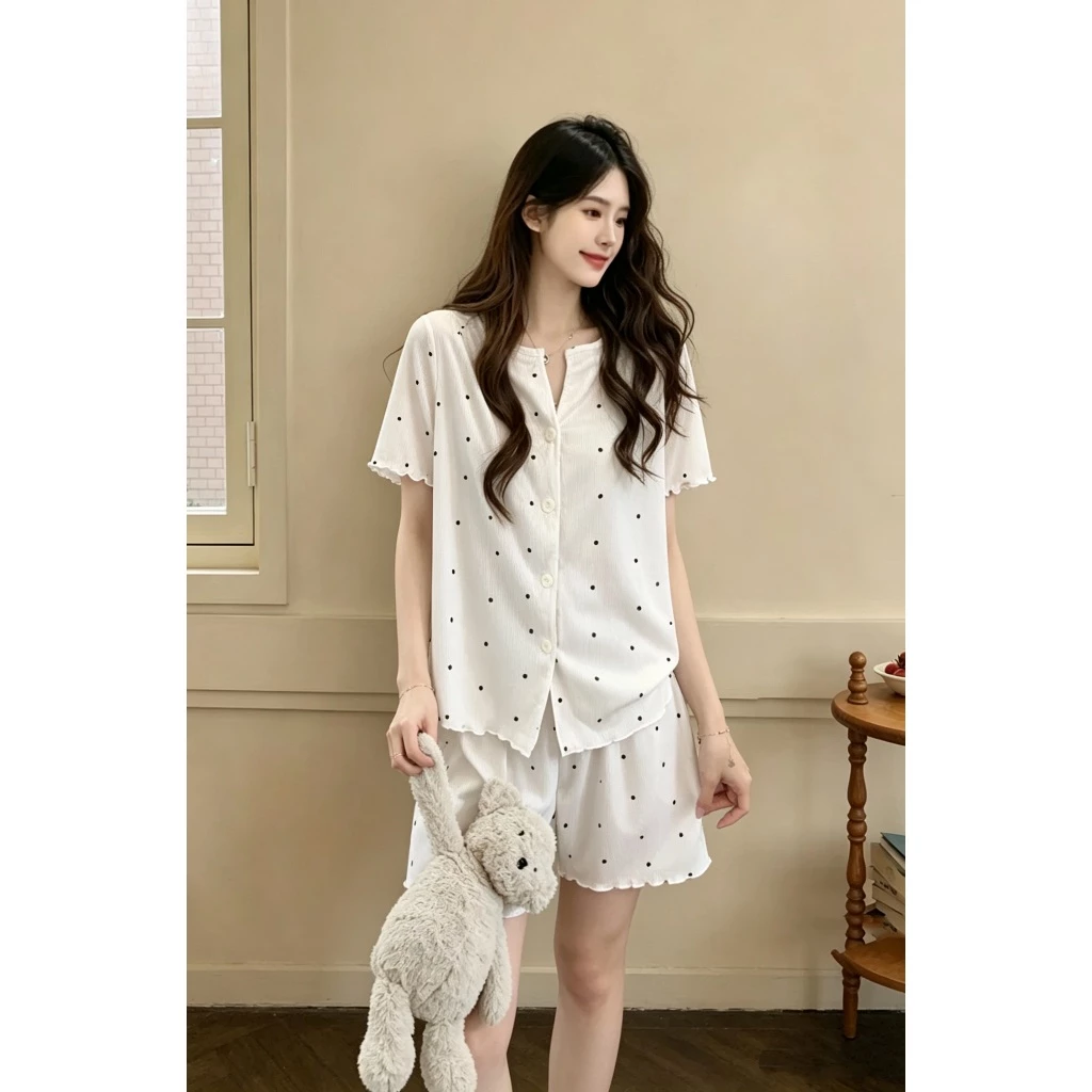 【Thanh lý】【Vải lạnh mới nhất】Bộ đồ ngủ mùa hè chất vải dệt kim mát lạnh – Gồm áo ngắn tay + quần+ áo khoác mỏng – Phong cách ngọt ngào, nhẹ nhàng – Đồ mặc nhà siêu mát, êm ái, thích hợp cho nữ