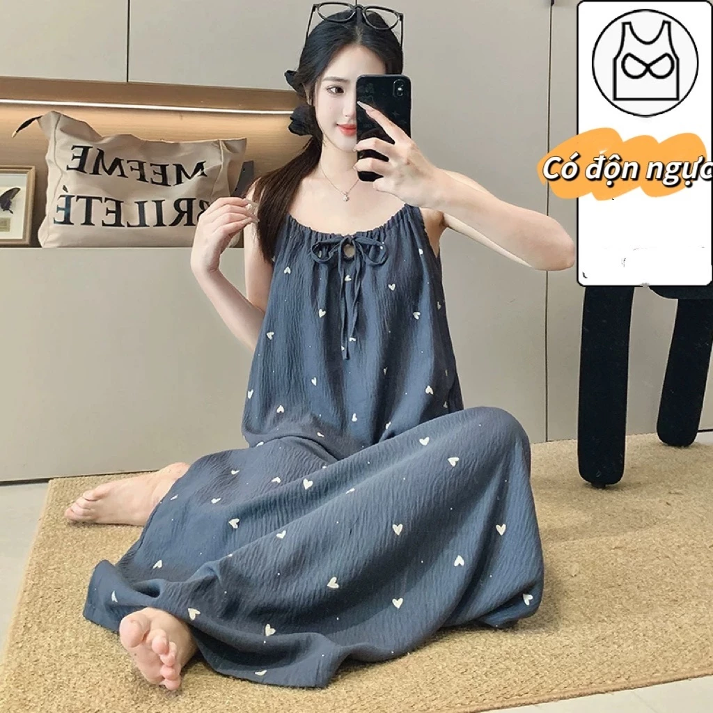 【Có miếng lót ngực】Váy ngủ dáng dài mùa hè cao cấp – Cotton nguyên chất dây mảnh ✨ Phong cách Hàn Quốc thanh lịch thời trang – Siêu dài sang trọng – Đồ mặc nhà cho nữ