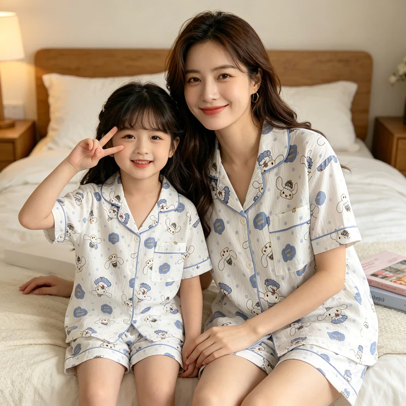 3 Cái / bộ Dễ Thương Cho Trẻ Em Tay Ngắn Ve Áo Loungewear Đáng Yêu Bé Gái Bộ Đồ Ngủ Cho 11 - 12 Tuổi Cha Mẹ-Con Mặc Hoạt Hình Mẹ Và Con Gái Quần Áo Gia Đình