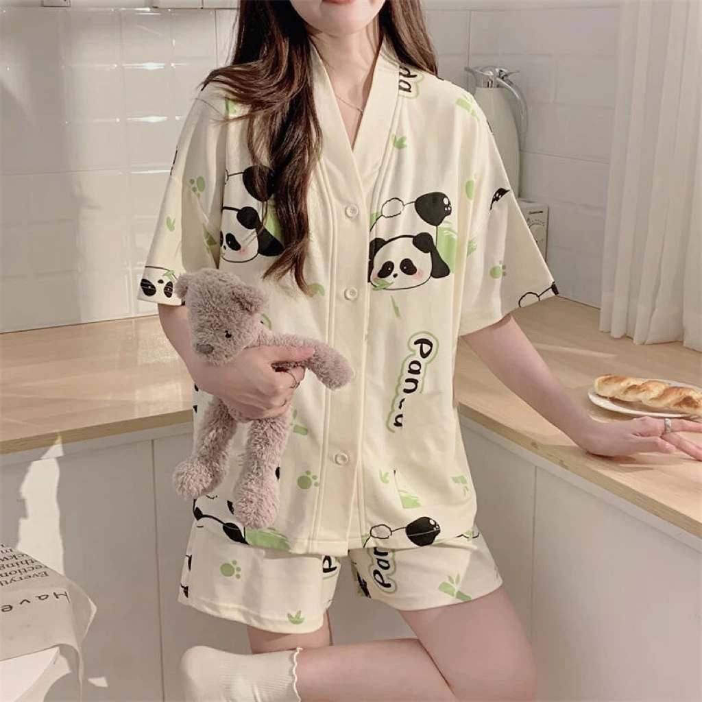 【Mẫu khuyến mãi】Bộ đồ ngủ mặc nhà mùa hè dáng cardigan cổ V tay ngắn quần short, phong cách nghệ thuật mỏng nhẹ - dễ thương ngọt ngào