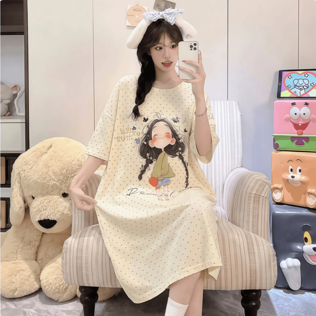 Đầm ngủ nữ cotton mát mẻ, cổ tròn dễ thương, in hình đáng yêu, rộng mặc ở nhà cực thoải, ra ngoài cũng xinh – hàng mới xuân hè