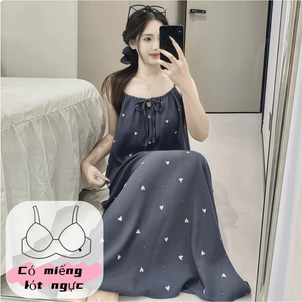 【Có lót ngực】Áo ngủ nữ mùa xuân hè mới - Đầm ngủ dài giữa lưng - Chất liệu cotton mềm mịn, dáng rộng thoải mái, có dây treo ngọt ngào, đơn giản, thoáng mát, thích hợp mặc ở nhà